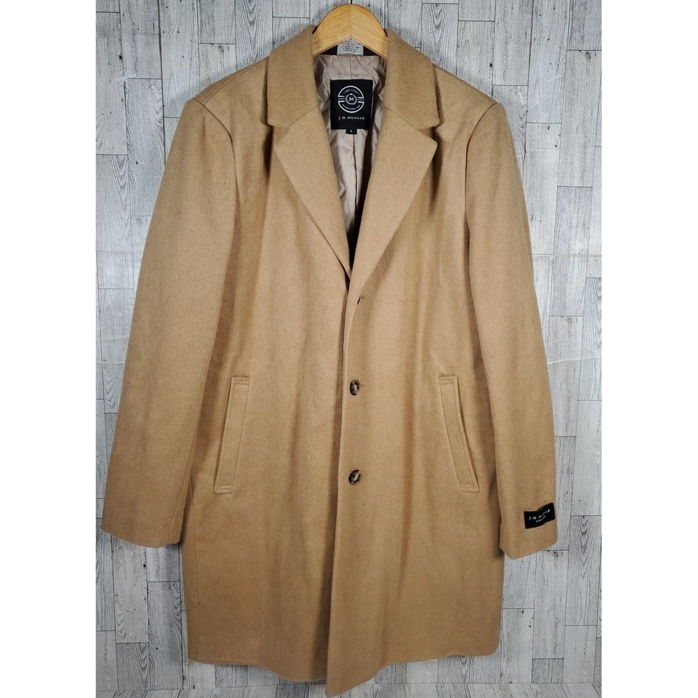 Haggar Mens Top Coat LARGE 44-46 Mid Length Single Breasted Twill Camel $225